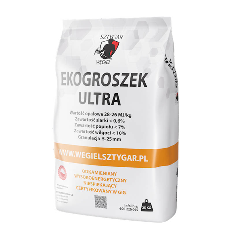 Ekogroszek ULTRA marki WĘGIEL SZTYGAR®. 28-26 MJ/kg, opakowanie 25 kg – dodatkowo oczyszczany z kamieni, ciał obcych i suszony.